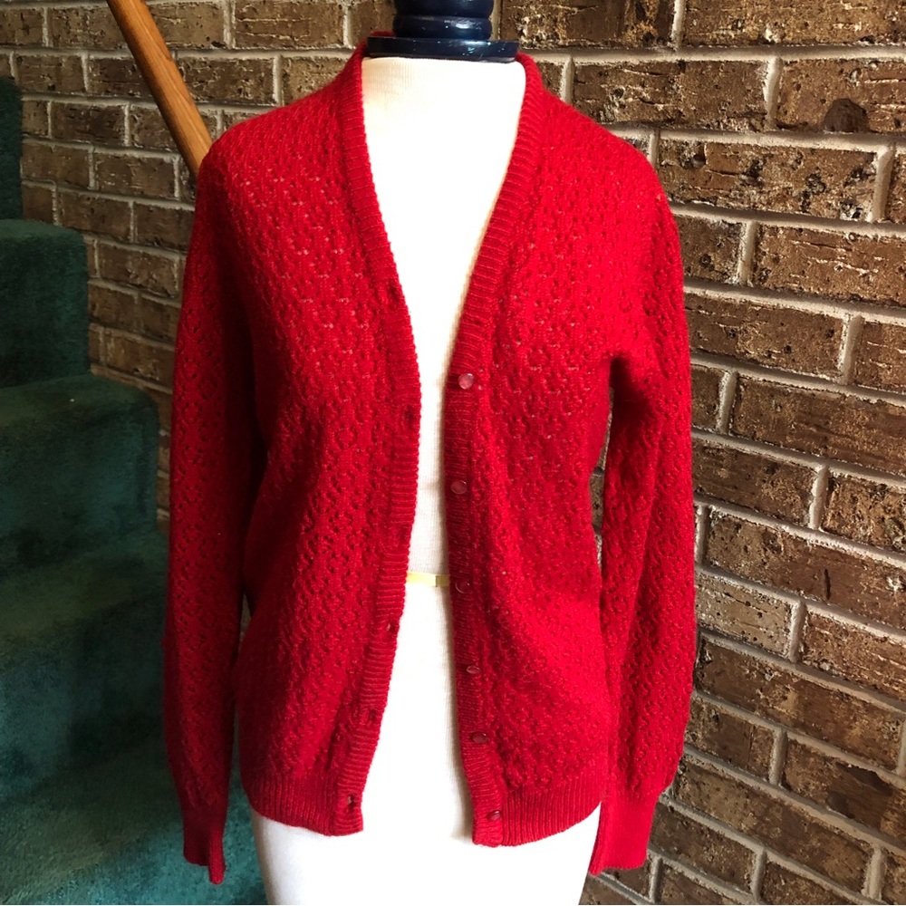 VTG Bright Red Knit Crochet Lace Cardigan Sweater 
Size medium